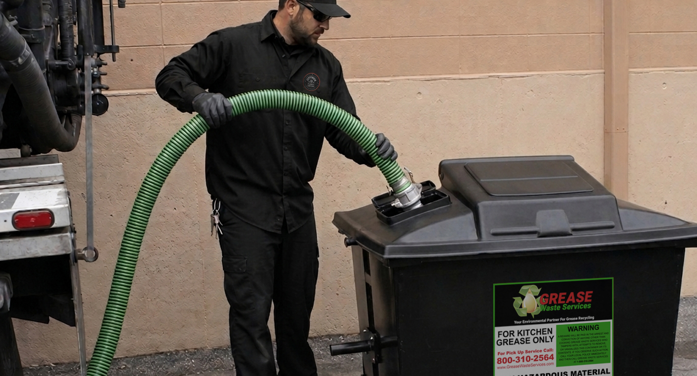 A worker in dark clothing and gloves uses a large green hose to pump grease from a black outdoor container labeled “Grease Trap Services” against a tan wall.