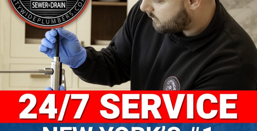 A plumber wearing gloves works on a sink in a kitchen. Text reads: 24/7 Service. New York’s #1 Plumbing & Drain Cleaning Service. Top left shows the CityWide Plumbing Sewer-Drain logo.