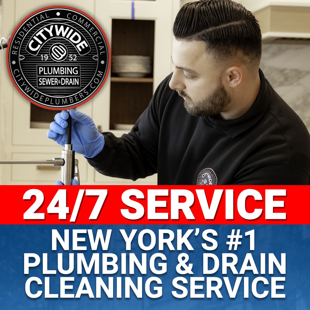A plumber wearing gloves works on a sink in a kitchen. Text reads: 24/7 Service. New York’s #1 Plumbing & Drain Cleaning Service. Top left shows the CityWide Plumbing Sewer-Drain logo.