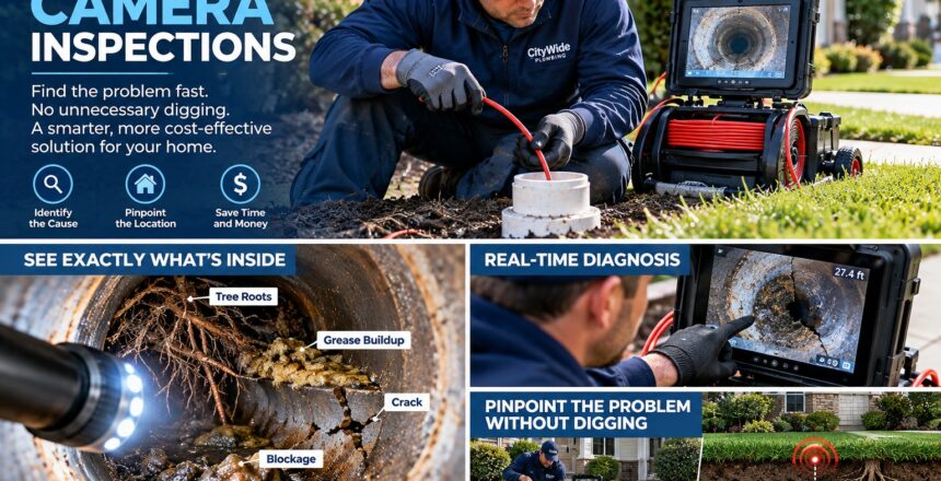 A plumber uses a camera inspection tool to check underground pipes, viewing tree roots, cracks, and grease buildup on a screen. Text explains benefits of plumbing camera inspections.