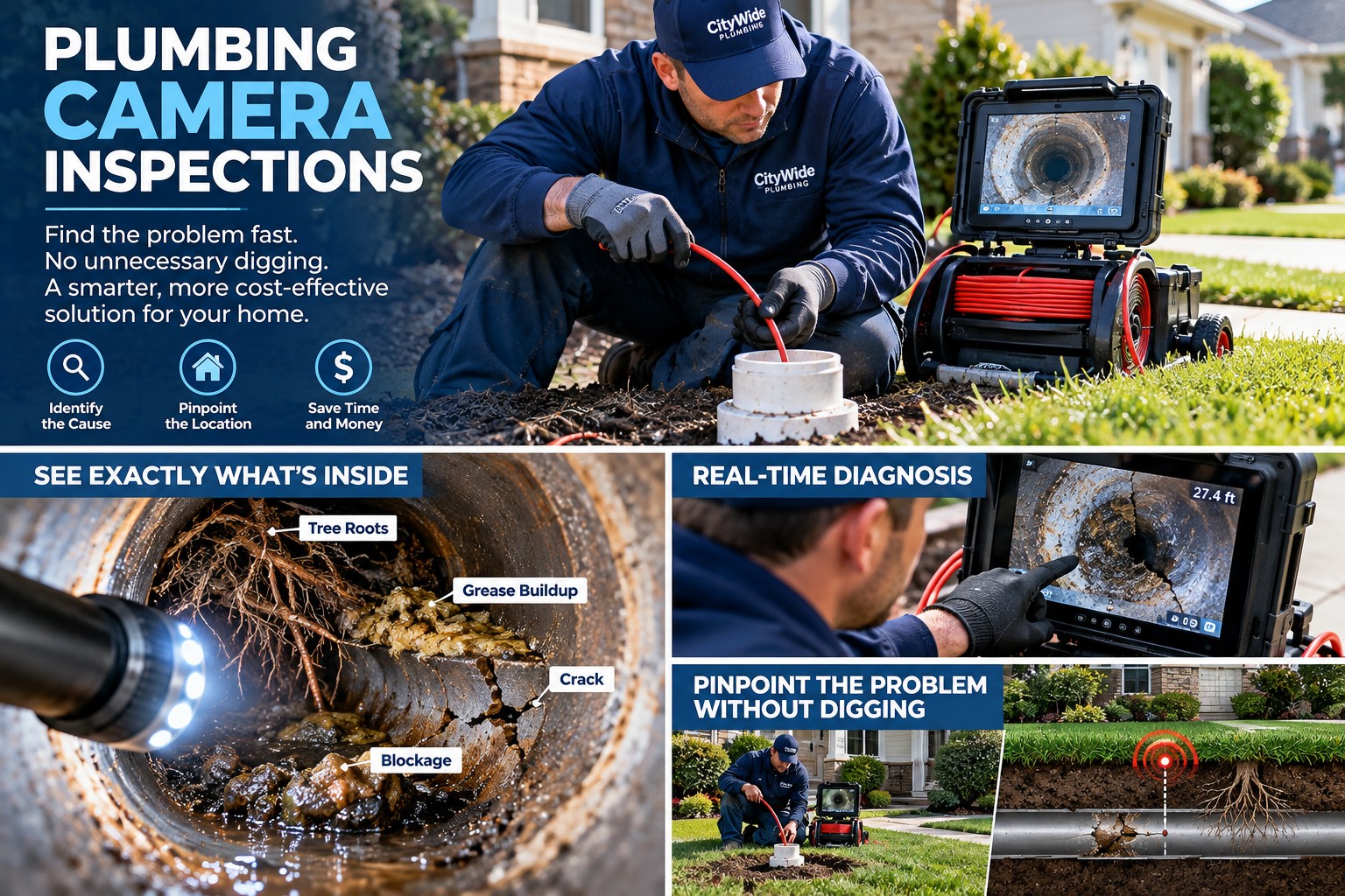 A plumber uses a camera inspection tool to check underground pipes, viewing tree roots, cracks, and grease buildup on a screen. Text explains benefits of plumbing camera inspections.