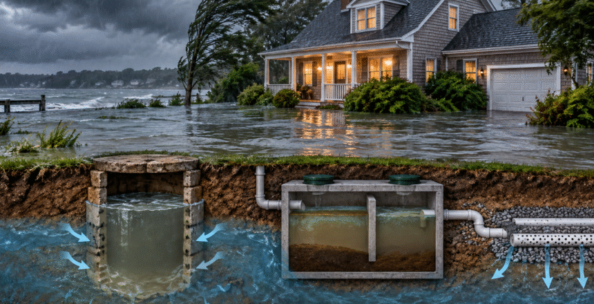 A house faces flooding as water rises outside. Below ground, a cutaway shows water flowing through a storm drain, septic tank, pipes, and a drainage system, illustrating how floodwaters impact residential infrastructure.