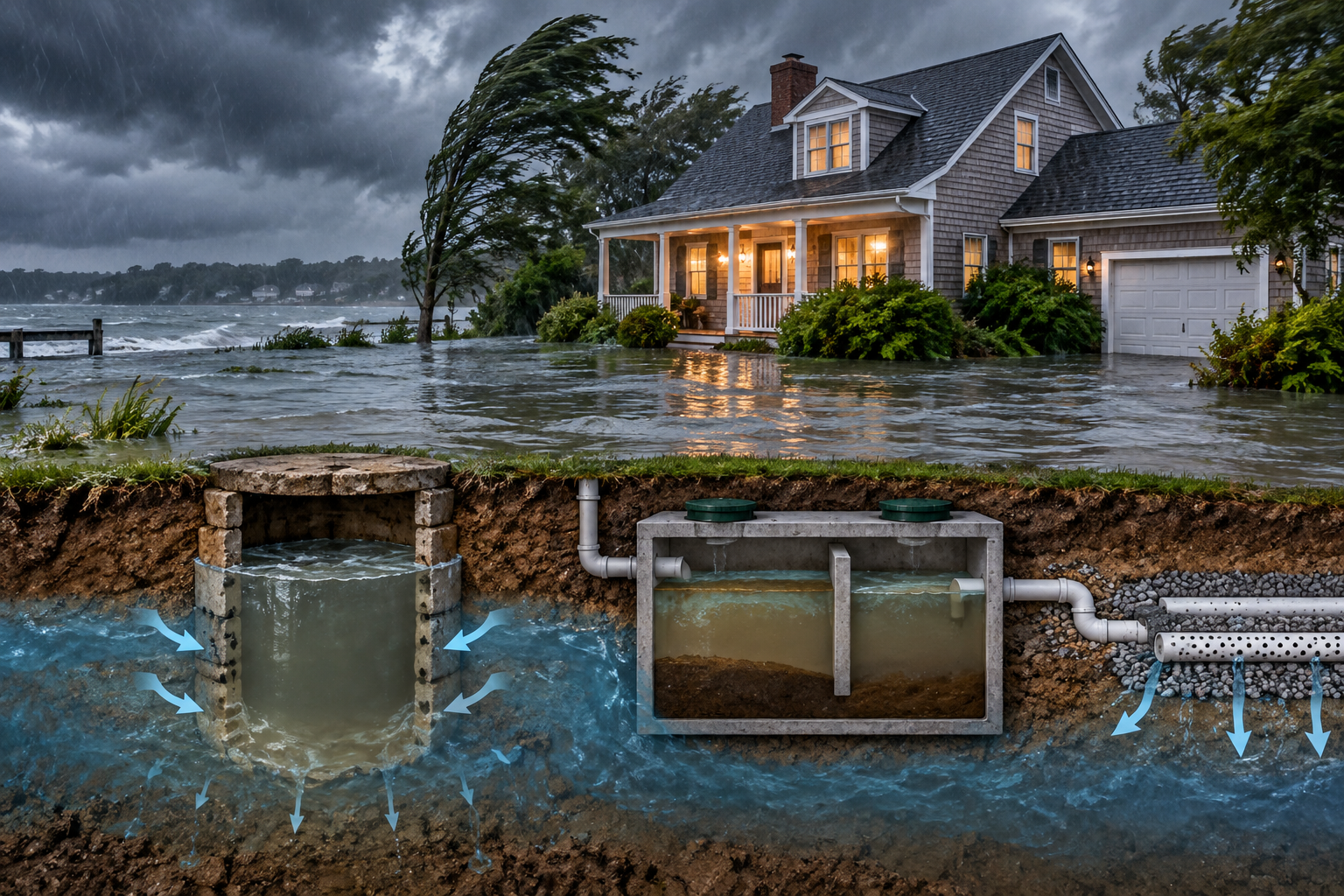 A house faces flooding as water rises outside. Below ground, a cutaway shows water flowing through a storm drain, septic tank, pipes, and a drainage system, illustrating how floodwaters impact residential infrastructure.
