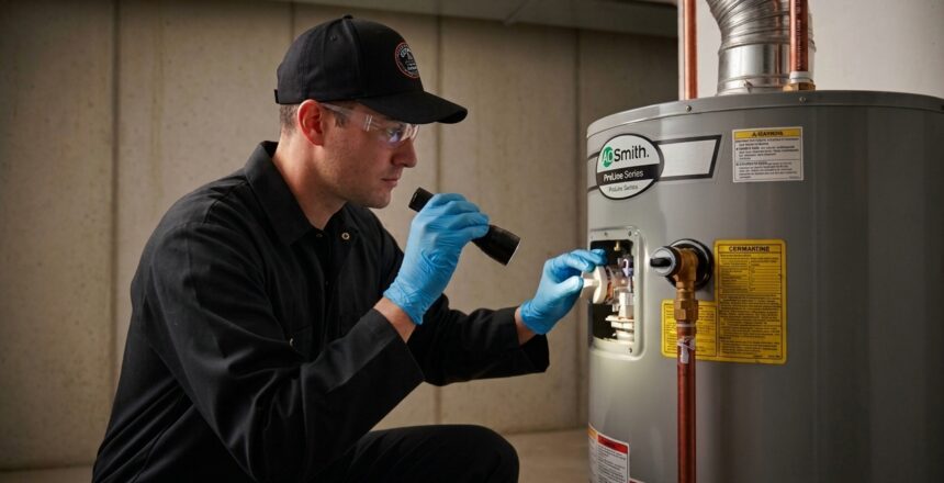 A technician wearing gloves, safety glasses, and a cap inspects a water heater with a flashlight in a basement, checking the control panel.
