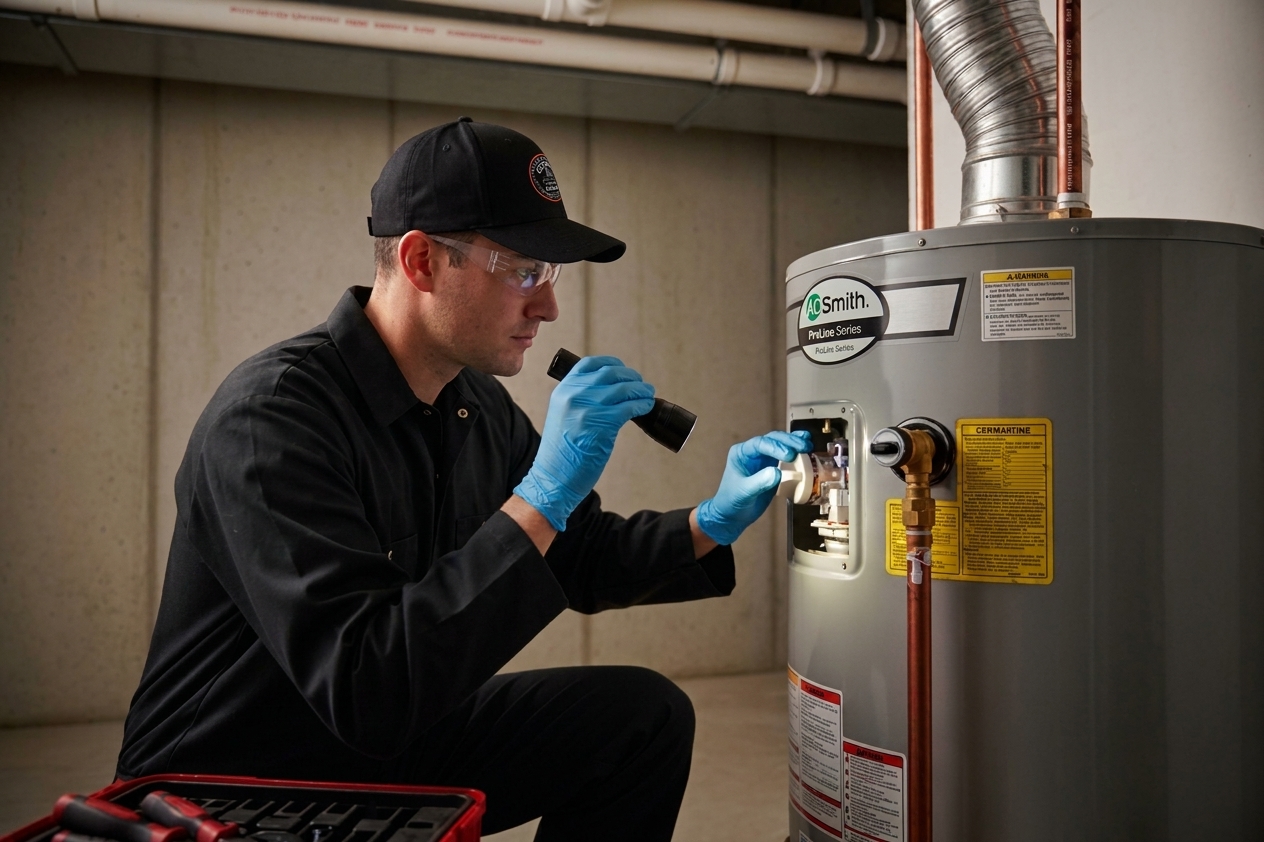 A technician wearing gloves, safety glasses, and a cap inspects a water heater with a flashlight in a basement, checking the control panel.