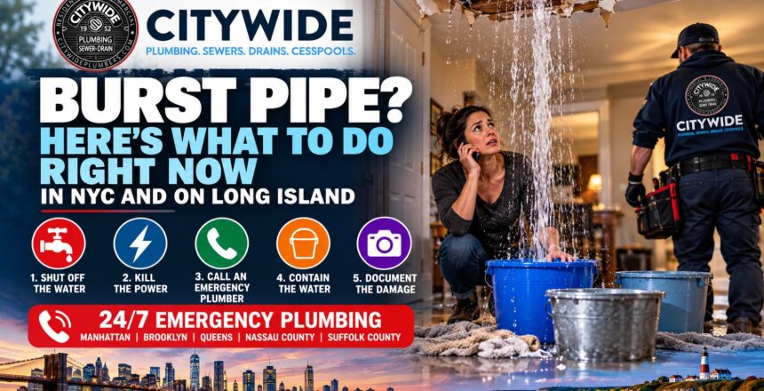 A woman calls for help as water floods her living room from a burst pipe in the ceiling. Citywide Plumbing offers emergency services and lists five steps to take during a burst pipe emergency.