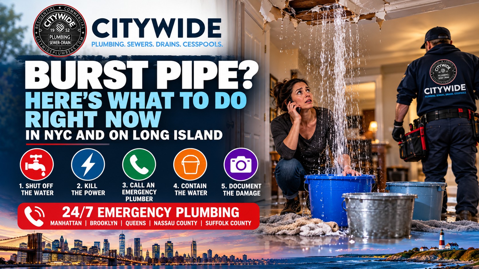 A woman calls for help as water floods her living room from a burst pipe in the ceiling. Citywide Plumbing offers emergency services and lists five steps to take during a burst pipe emergency.