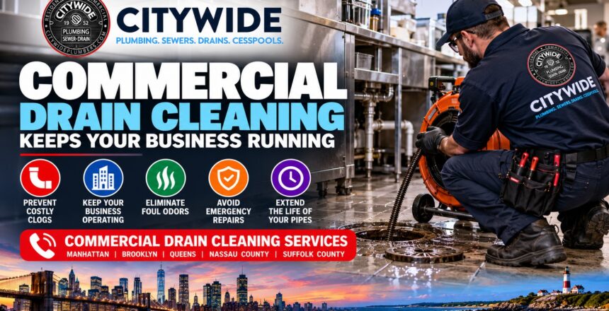 A plumber wearing a Citywide uniform uses a drain cleaning machine in a commercial kitchen, overlaid with company branding, service descriptions, and a skyline image of New York.