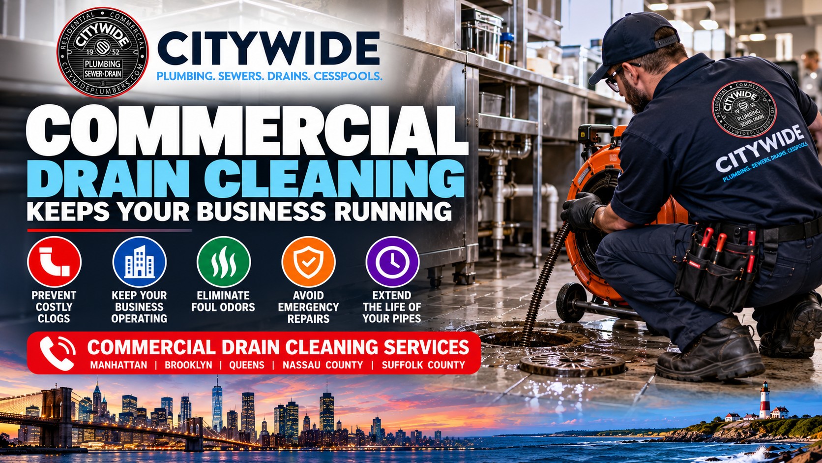 A plumber wearing a Citywide uniform uses a drain cleaning machine in a commercial kitchen, overlaid with company branding, service descriptions, and a skyline image of New York.