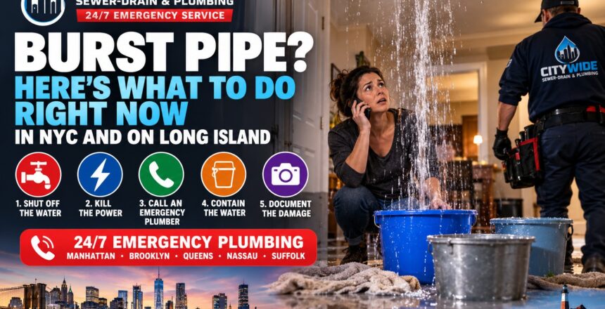 A worried woman sits by leaking pipes in her home, catching water in buckets. A plumber in uniform stands nearby. Text lists steps to handle burst pipes and emergency contact info for CityWide Sewer-Drain & Plumbing.